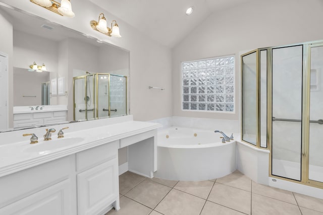 bathroom with plus walk in shower, tile patterned floors, vanity, and vaulted ceiling