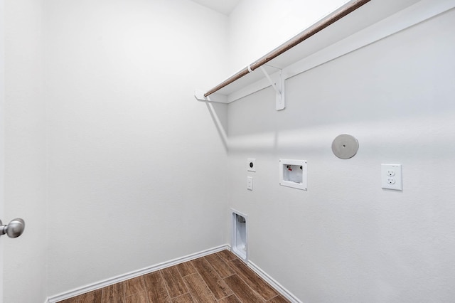 laundry room with electric dryer hookup, hookup for a washing machine, hookup for a gas dryer, and dark hardwood / wood-style flooring