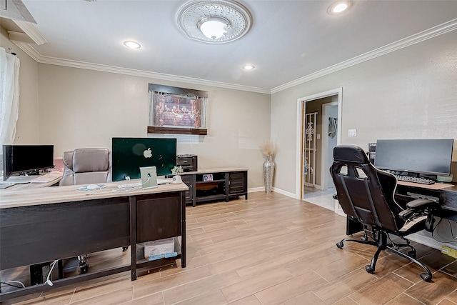 home office featuring crown molding