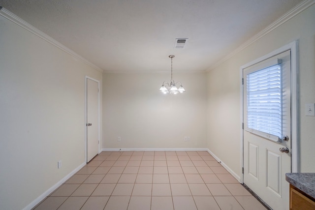 interior space with a notable chandelier, ornamental molding, and light tile patterned floors