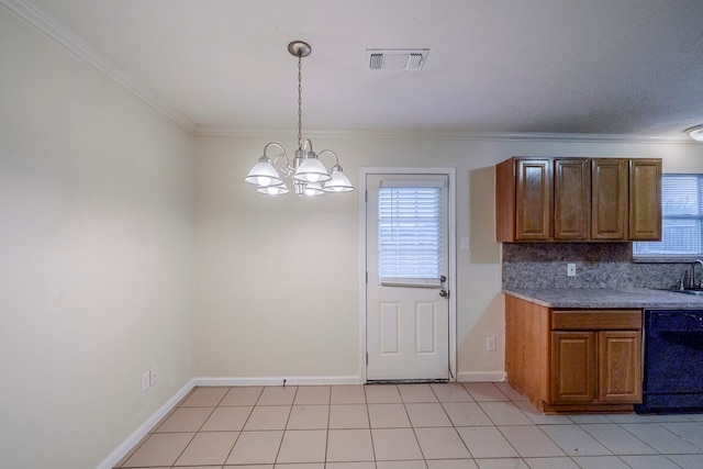 kitchen featuring black dishwasher, a notable chandelier, crown molding, pendant lighting, and decorative backsplash