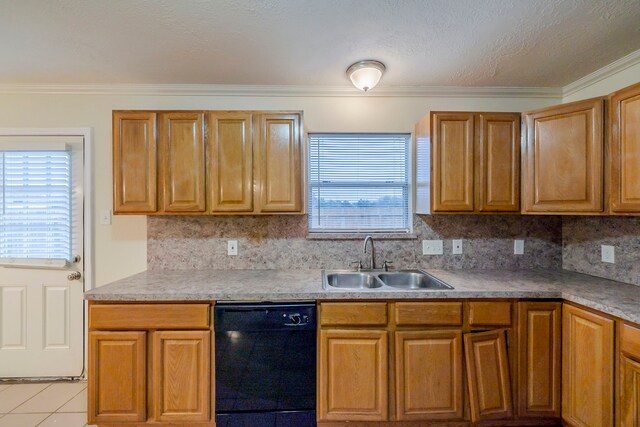 kitchen with decorative backsplash, ornamental molding, sink, light tile patterned floors, and dishwasher