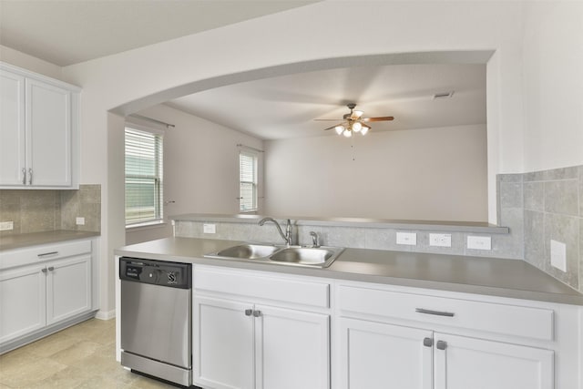 kitchen featuring sink, white cabinetry, backsplash, stainless steel dishwasher, and kitchen peninsula