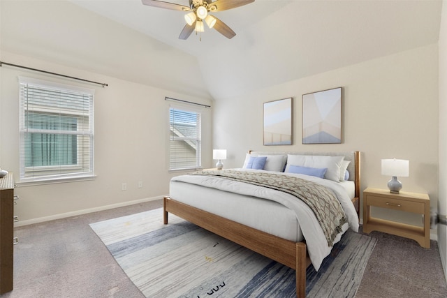 carpeted bedroom featuring ceiling fan and lofted ceiling