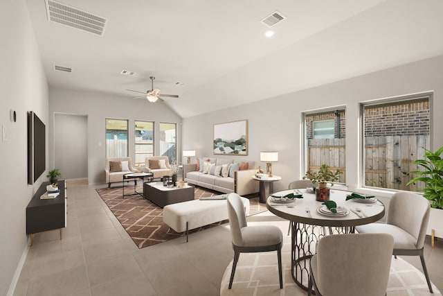 tiled living room with ceiling fan and vaulted ceiling