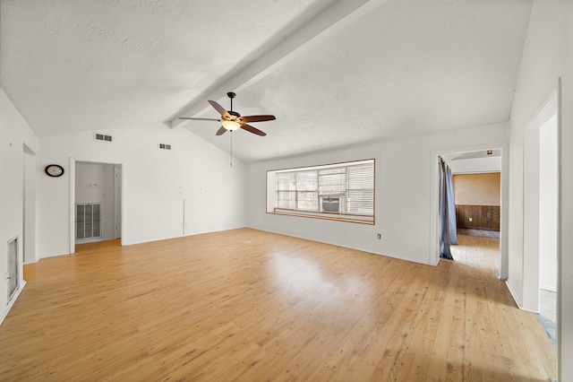 unfurnished living room featuring ceiling fan, lofted ceiling with beams, light wood-type flooring, and a textured ceiling