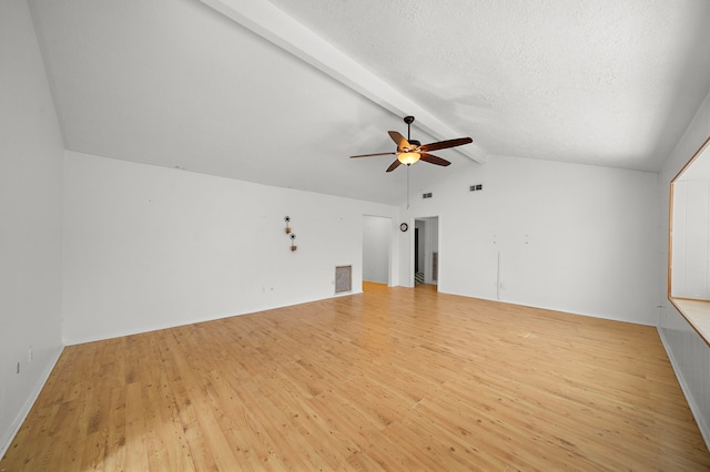 unfurnished living room featuring a textured ceiling, light wood-type flooring, lofted ceiling with beams, and ceiling fan