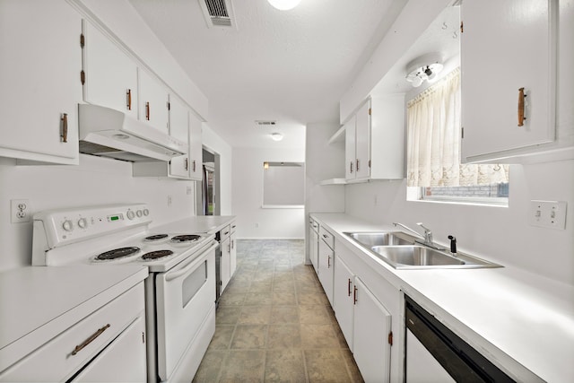 kitchen with dishwasher, sink, a textured ceiling, electric stove, and white cabinets