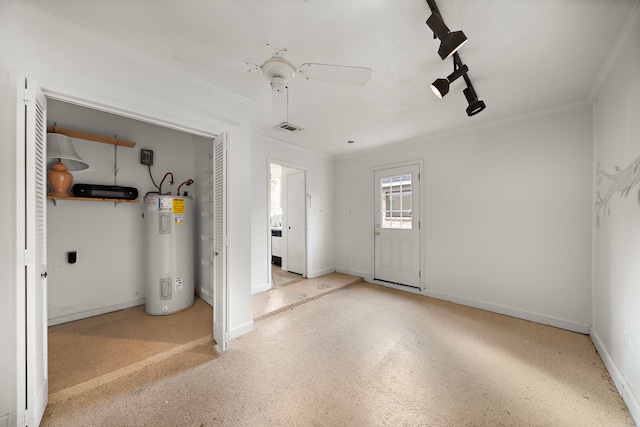 interior space with ceiling fan and water heater