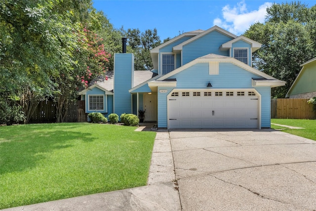 front facade with a garage and a front lawn