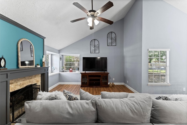 living room featuring a fireplace, wood-type flooring, high vaulted ceiling, and plenty of natural light