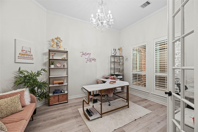 home office featuring ornamental molding, a notable chandelier, and french doors