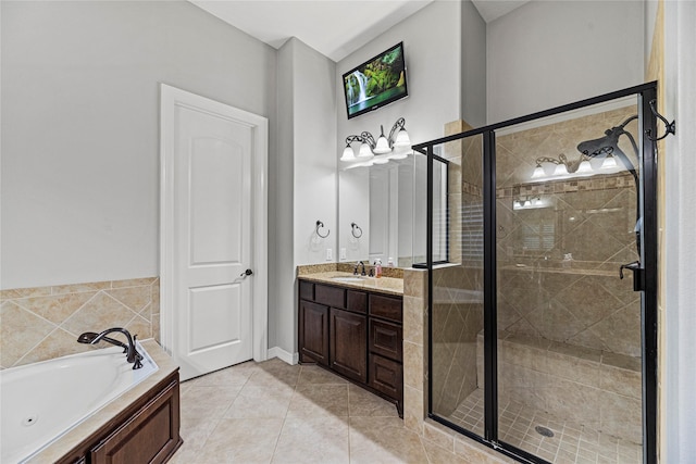 bathroom with vanity, plus walk in shower, and tile patterned flooring