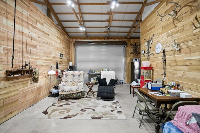 garage with wood walls