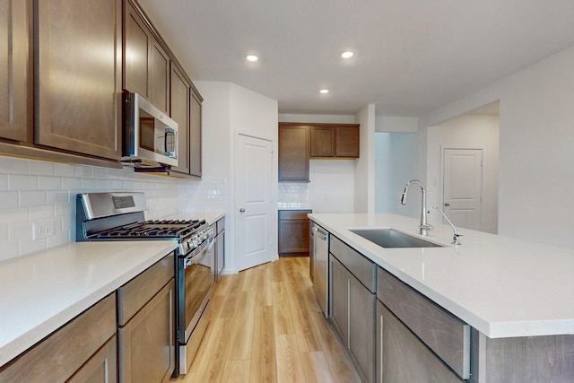 kitchen with a center island with sink, sink, decorative backsplash, light hardwood / wood-style floors, and stainless steel appliances