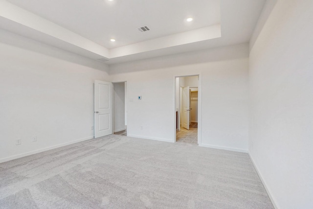 spare room with light colored carpet and a tray ceiling