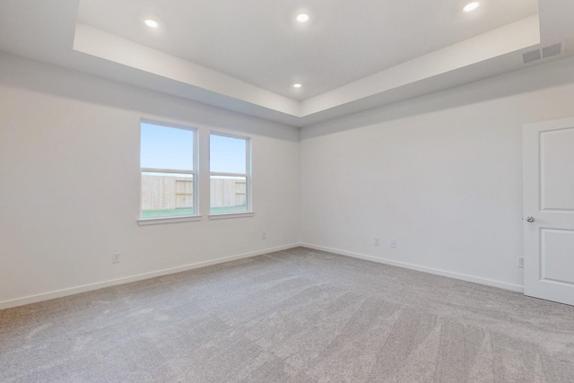 unfurnished room with light colored carpet and a raised ceiling