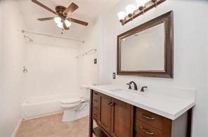 full bathroom with vanity, ceiling fan, toilet, and bathing tub / shower combination