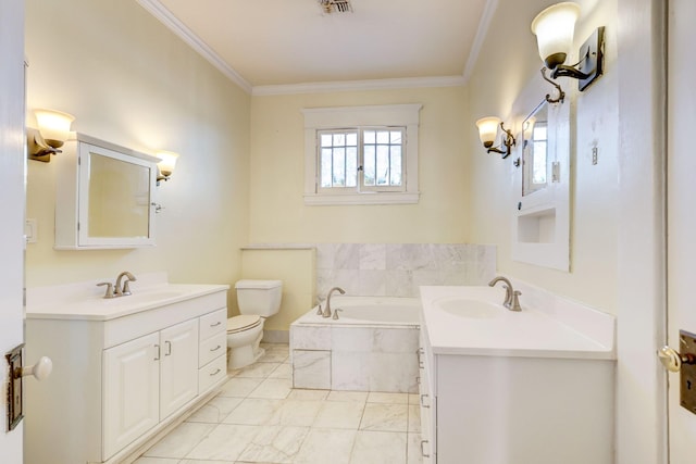 bathroom featuring toilet, vanity, a relaxing tiled tub, and ornamental molding