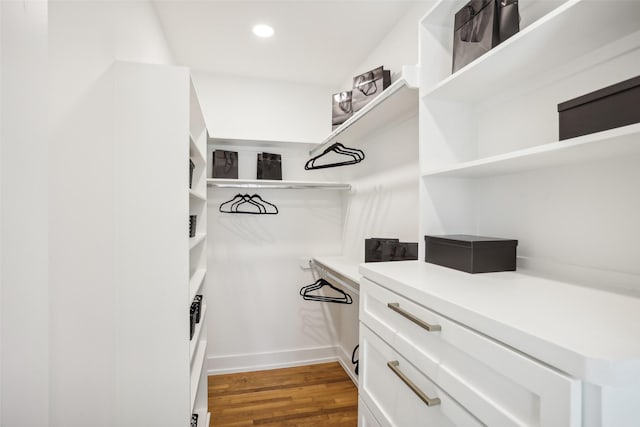 spacious closet with dark hardwood / wood-style flooring