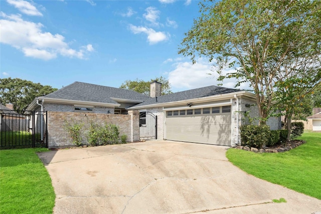 ranch-style house with a garage and a front lawn