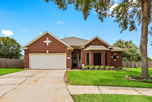 ranch-style house featuring a garage and a front lawn