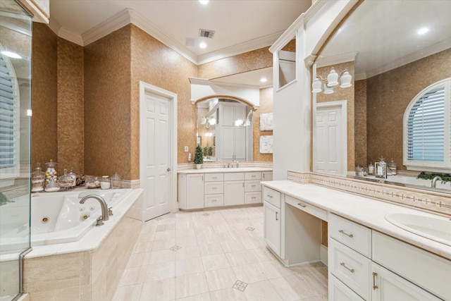 bathroom featuring tile patterned floors, vanity, separate shower and tub, and ornamental molding