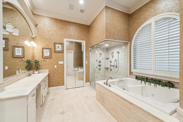 bathroom with tile patterned floors, vanity, independent shower and bath, and ornamental molding