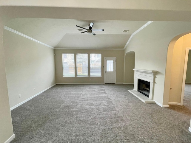 unfurnished living room featuring carpet flooring, ceiling fan, and lofted ceiling