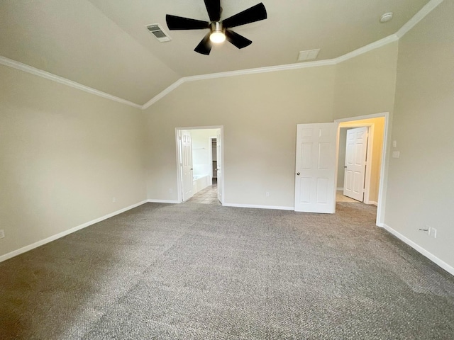 unfurnished bedroom with carpet, ornamental molding, ceiling fan, and lofted ceiling