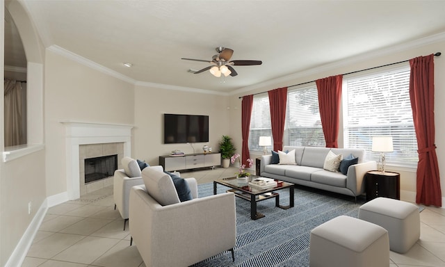 tiled living room with a fireplace, plenty of natural light, crown molding, and ceiling fan