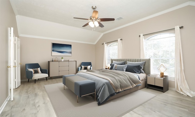 bedroom with ceiling fan, light hardwood / wood-style flooring, lofted ceiling, and ornamental molding