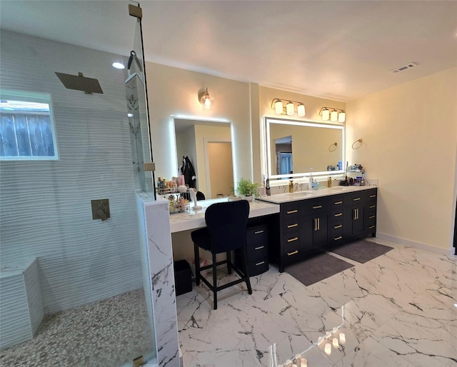 bathroom featuring a walk in shower, visible vents, vanity, baseboards, and marble finish floor