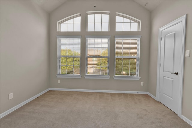 carpeted empty room with a wealth of natural light and lofted ceiling