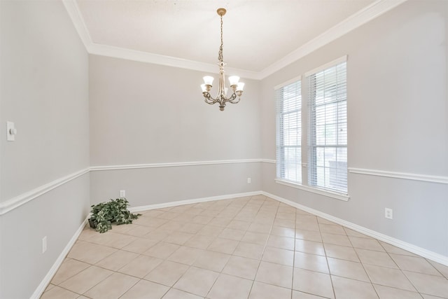 empty room featuring an inviting chandelier, light tile patterned flooring, and ornamental molding