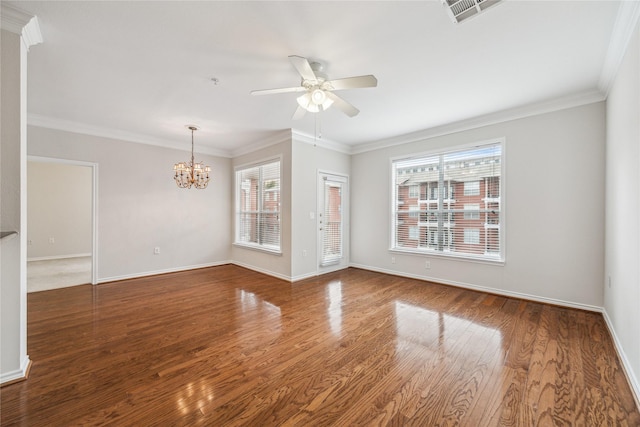 spare room with crown molding, ceiling fan with notable chandelier, and hardwood / wood-style flooring