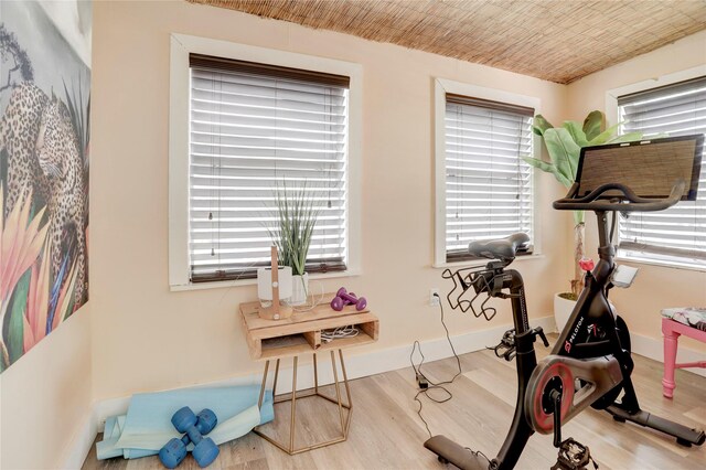 exercise area with light hardwood / wood-style floors