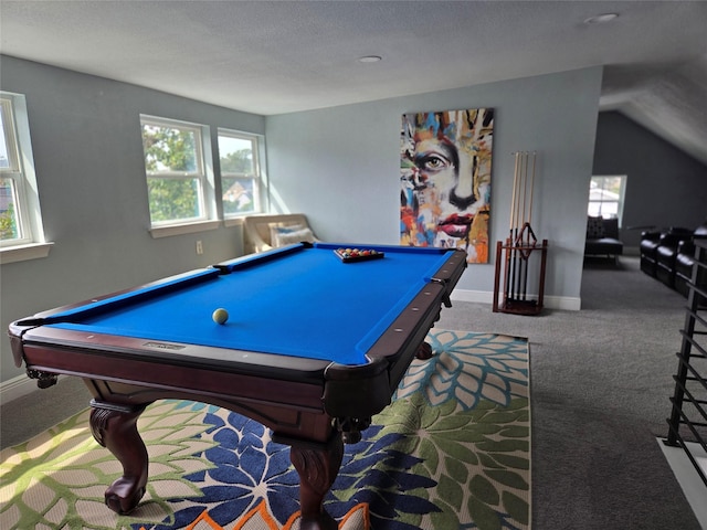 playroom featuring lofted ceiling, carpet floors, a textured ceiling, and billiards