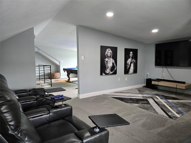 carpeted living room featuring lofted ceiling and pool table