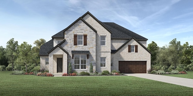 french country inspired facade featuring a front lawn and a garage