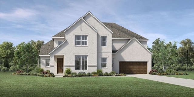 view of front of property featuring a garage and a front lawn