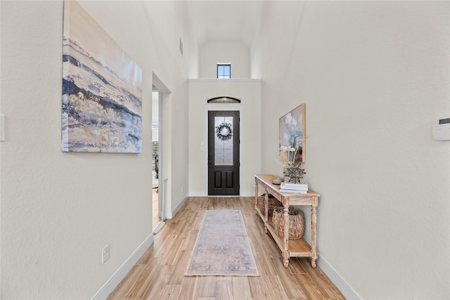 foyer entrance with plenty of natural light, a towering ceiling, and light hardwood / wood-style flooring