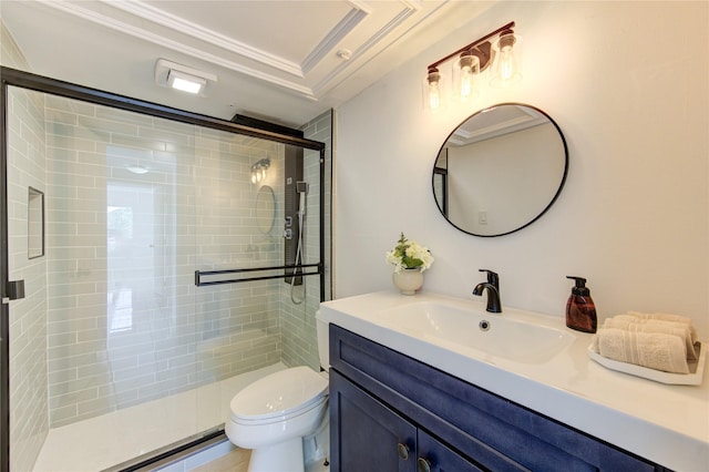 bathroom with toilet, an enclosed shower, ornamental molding, and vanity