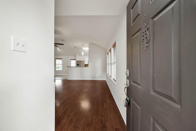 foyer with ceiling fan and dark hardwood / wood-style flooring