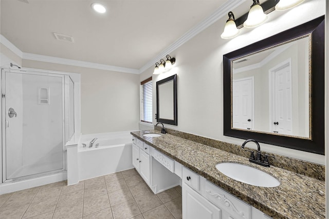 bathroom with tile patterned floors, vanity, ornamental molding, and shower with separate bathtub