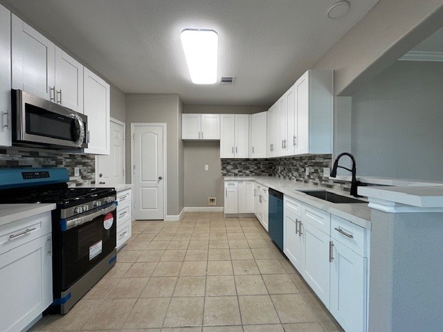 kitchen with decorative backsplash, sink, white cabinets, and stainless steel appliances