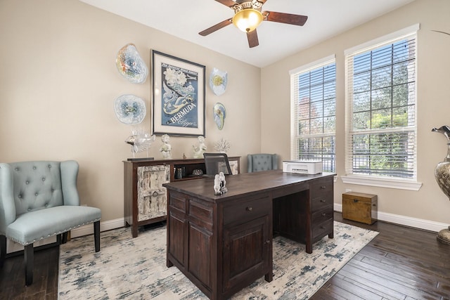 home office featuring ceiling fan, plenty of natural light, and hardwood / wood-style floors