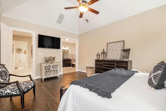 bedroom featuring ensuite bath, ceiling fan, high vaulted ceiling, dark hardwood / wood-style floors, and ornamental molding