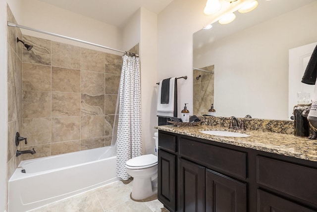 full bathroom featuring tile patterned flooring, vanity, toilet, and shower / tub combo with curtain