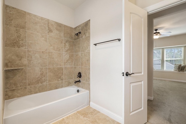 bathroom featuring tile patterned floors, ceiling fan, and tiled shower / bath combo